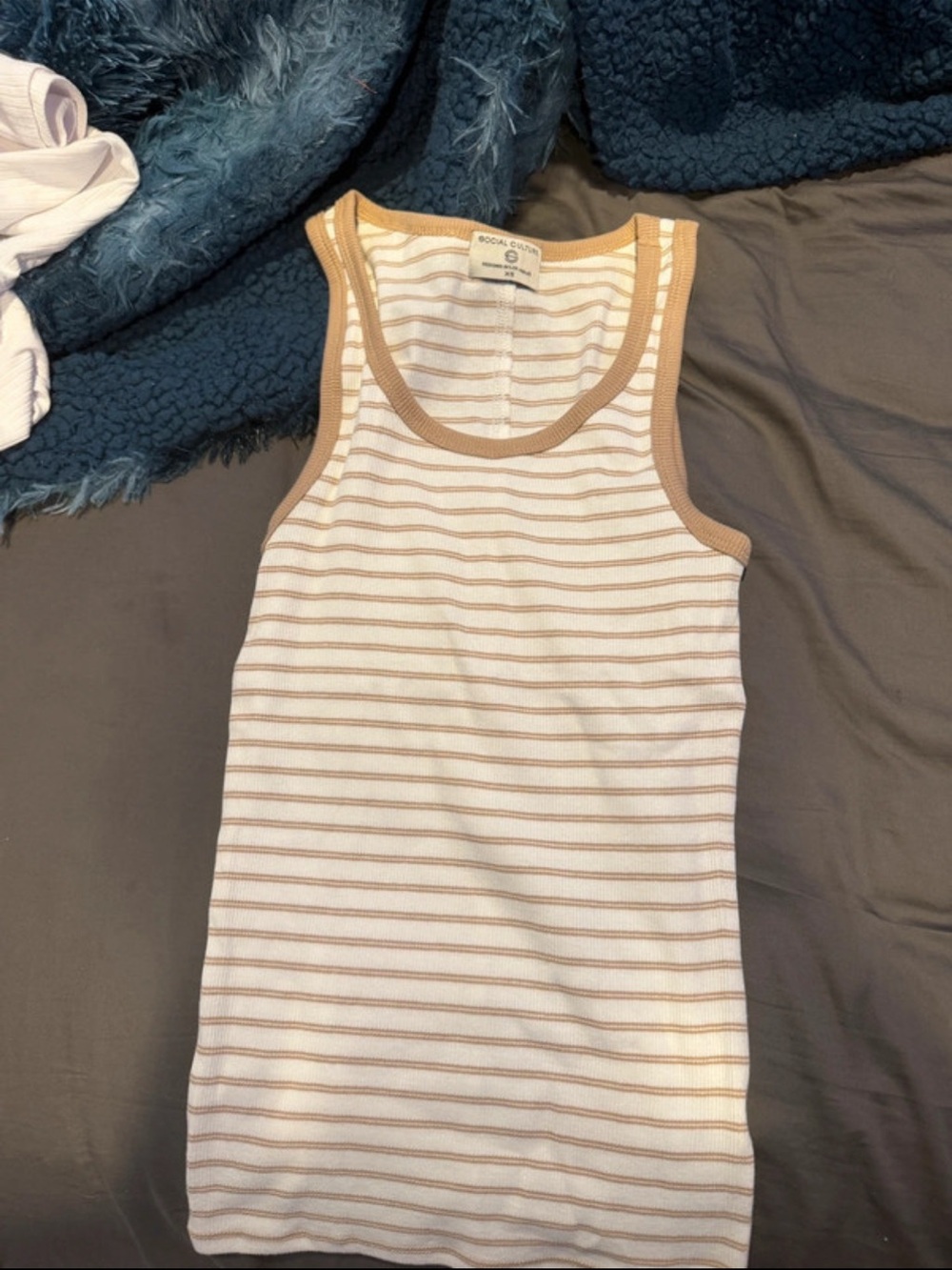 Striped Beige Ribbed Tank Top with Contrast Trim